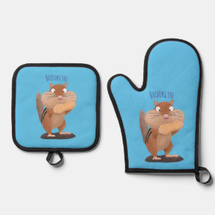 Cute funny big cheeks chipmunk cartoon oven mitt & pot holder set
