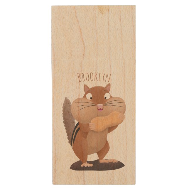 Cute funny big cheeks chipmunk cartoon wood flash drive (Front Vertical)