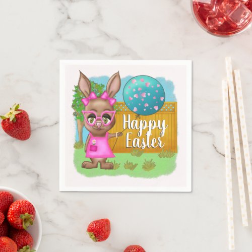 Cute Funny Big Eyed Bunny Pink Outfit Happy Easter Napkins