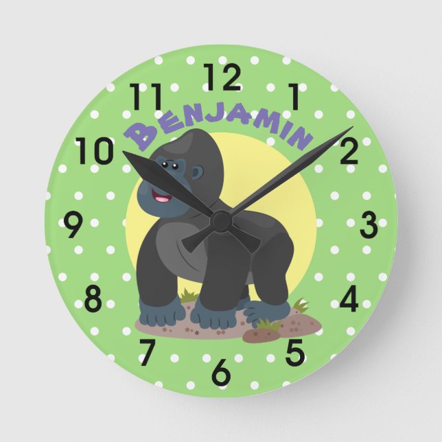 Cute funny big gorilla cartoon illustration round clock (Front)