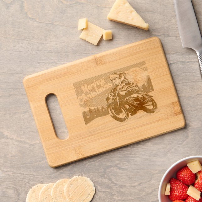 Cute Funny Biker Santa Claus Merry Christmas  Engraved Cutting Board (Cheese)