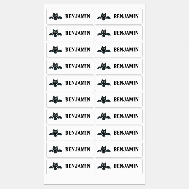 Cute Funny Black Bat with Name Kids' Labels (Sheet)