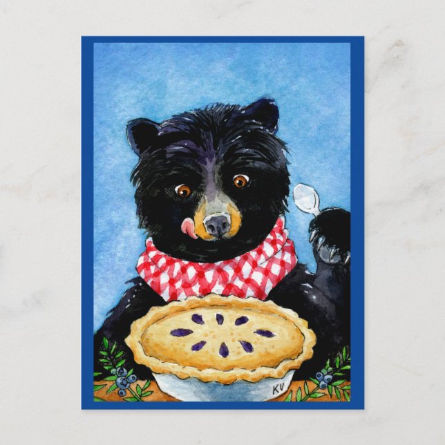 Cute Funny Black Bear with blueberry pie postcard (Front)