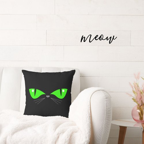 Cute Funny Black Cat Face Green Eyes Whiskers Throw Pillow