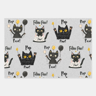 Cute Funny Black Cat Holding Balloons-Birthday Wrapping Paper Sheets