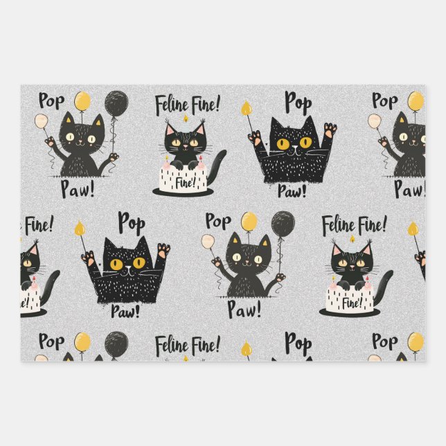 Cute Funny Black Cat Holding Balloons-Birthday Wrapping Paper Sheets (Front 2)
