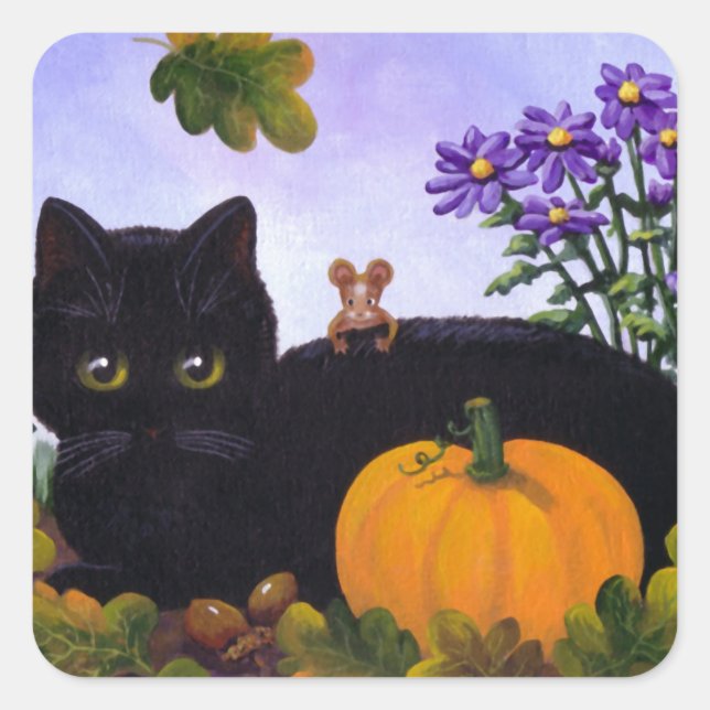 Cute Funny Black Cat Mouse Fall Gift Creationarts Square Sticker (Front)