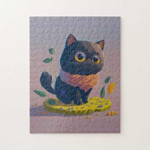 Cute Funny Black Cat on Purple Illustration Jigsaw Puzzle