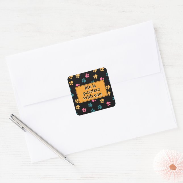 Cute funny black cat paw  square sticker (Envelope)