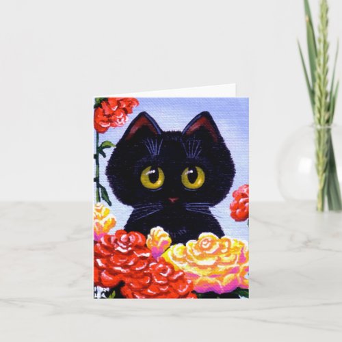 Cute Funny Black Cat Roses Flowers Creationarts Card