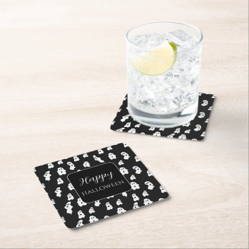 Cute Funny Black White Happy Ghosts Square Paper Coaster