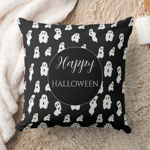 Cute Funny Black White Happy Ghosts Throw Pillow
