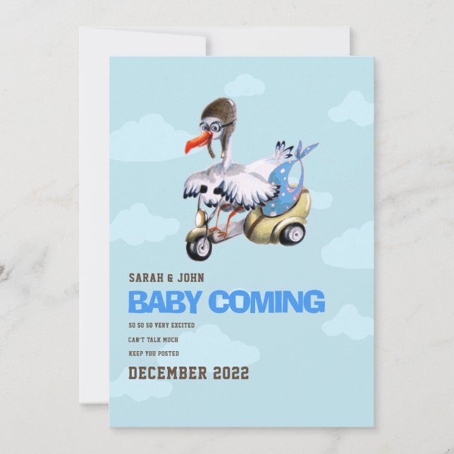 Cute Funny Blue Bird Scooter Baby Boy Pregnancy Announcement (Front)