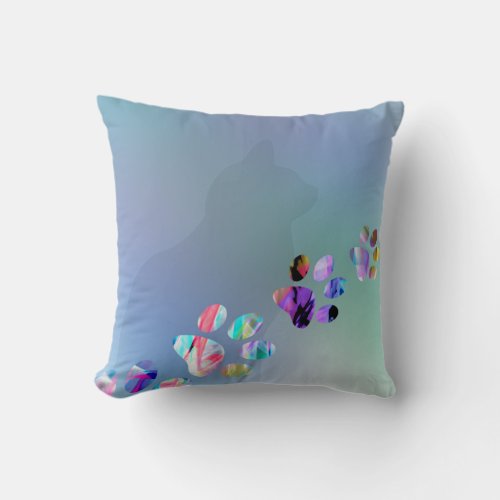 Cute Funny Blue  Colorful Cat Paw Throw Pillow