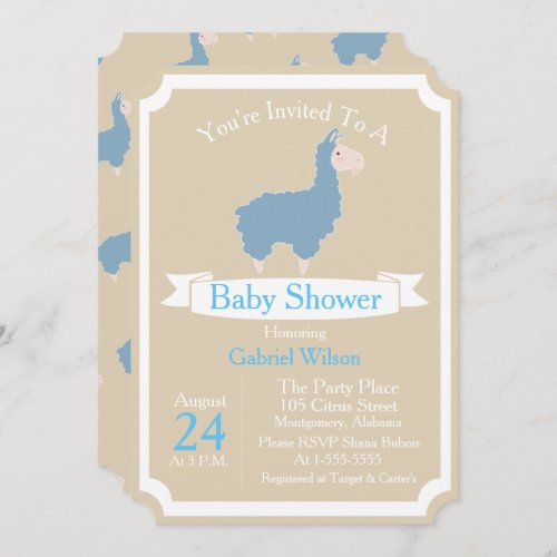 Cute Funny Blue Llama Baby Boy Baby Shower Invitation