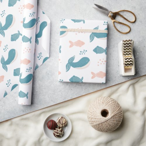 Cute funny blue whale and fish Nautical animal  Wrapping Paper