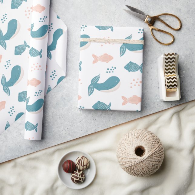 Cute funny blue whale and fish. Nautical animal  Wrapping Paper (Crafts)
