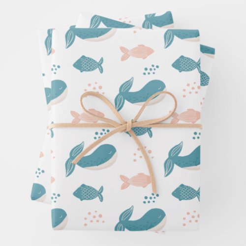 Cute funny blue whale and fish Nautical animal  Wrapping Paper Sheets