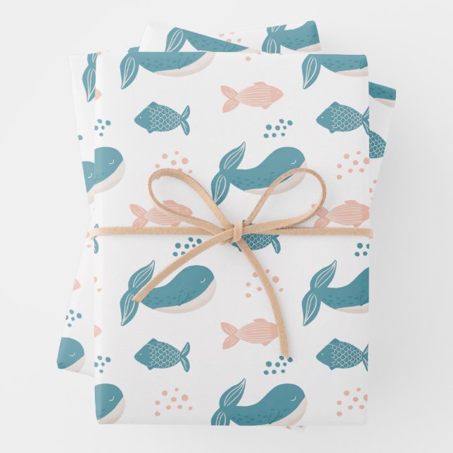 Cute funny blue whale and fish. Nautical animal  Wrapping Paper Sheets (In situ)