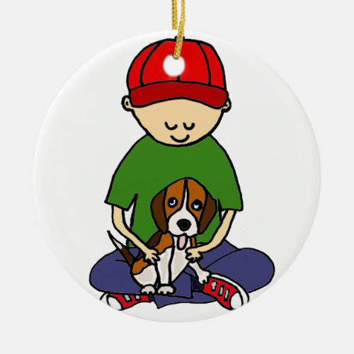 Cute Funny Boy with his Dog Cartoon Ceramic Ornament