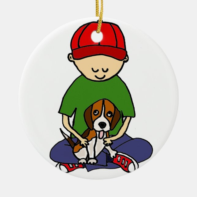 Cute Funny Boy with his Dog Cartoon Ceramic Ornament (Front)