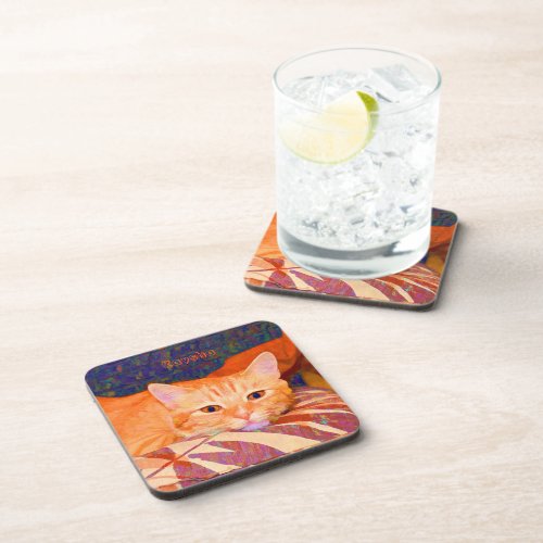 Cute Funny Bright Orange Tabby Cat Beverage Coaster