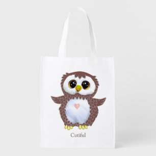 Cute funny brown owl with heart & editable text grocery bag