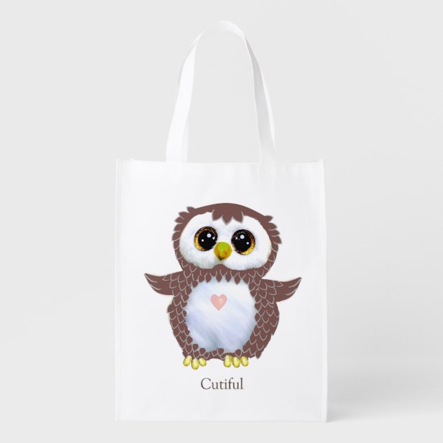 Cute funny brown owl with heart & editable text grocery bag (Front)