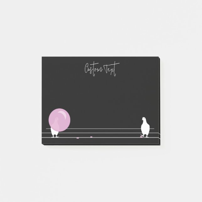 Cute Funny Bubblegum Birds on a Wire Black Post-it Notes (Front)