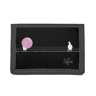 Cute Funny Bubblegum Birds on a Wire Black Tri-fold Wallet