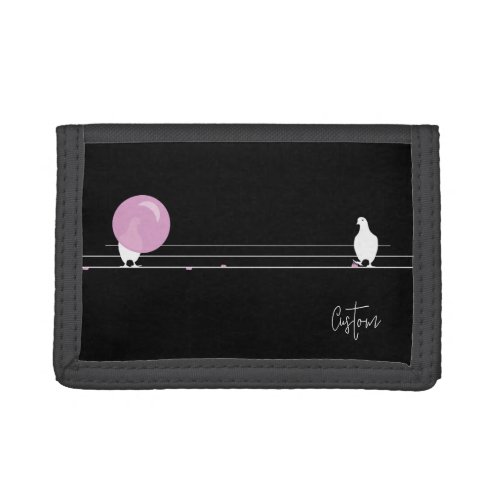 Cute Funny Bubblegum Birds on a Wire Black Trifold Wallet