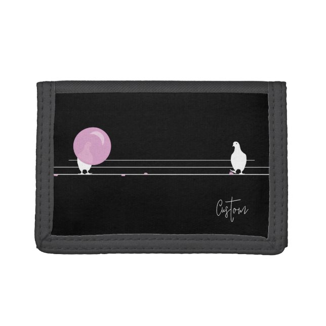Cute Funny Bubblegum Birds on a Wire Black Trifold Wallet (Front)