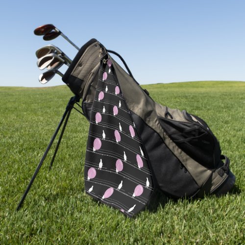 Cute Funny Bubblegum Birds on a Wire Pattern Black Golf Towel