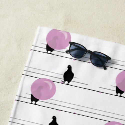 Cute Funny Bubblegum Birds on a Wire Pattern White Beach Towel
