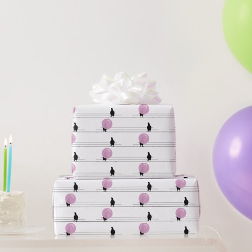 Cute Funny Bubblegum Birds on a Wire Pattern White Wrapping Paper