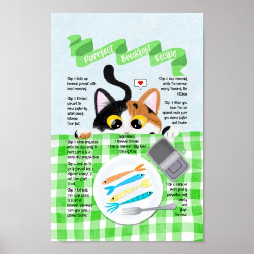 Cute Funny Calico Cat Breakfast Recipe Poster