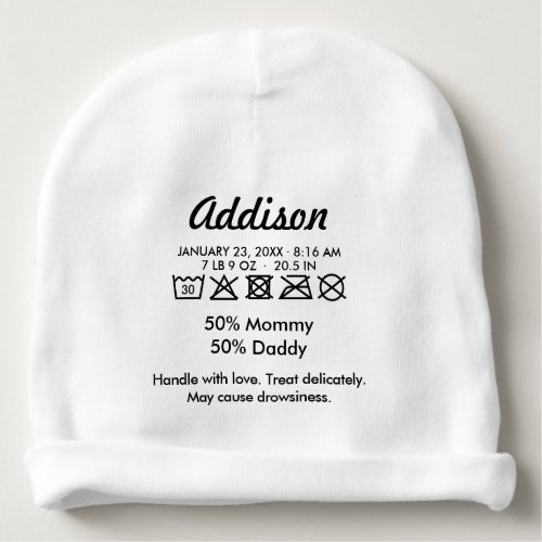 Cute Funny Care Label Humorous Baby Beanie - A very cute and funny baby beanie with laundry symbols. Suitable for girls and boys. You can personalize with baby's name and birth information. Fully customizable fonts and colors after clicking 'Customize' button.