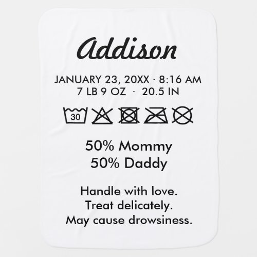 Cute Funny Care Label Humorous Baby Blanket - A very cute and funny baby blanket with laundry symbols. Suitable for girls and boys. You can personalize with baby's name and birth information. Fully customizable fonts and colors after clicking 'Customize' button.