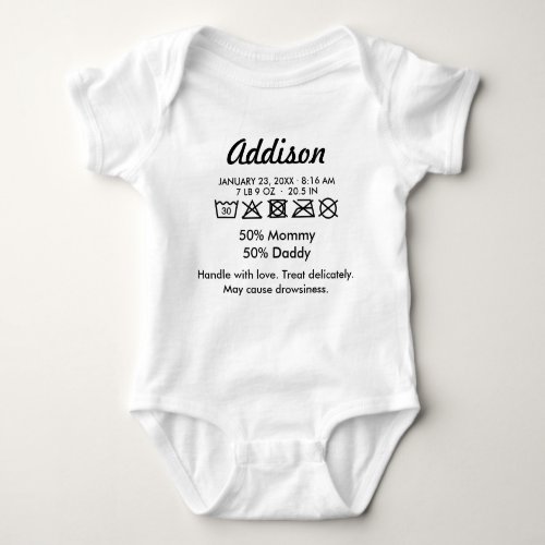 Cute Funny Care Label Humorous Baby Bodysuit - A very cute and funny baby jersey bodysuit with laundry symbols. Suitable for girls and boys. You can personalize with baby's name and birth information. Fully customizable fonts and colors after clicking 'Customize' button.