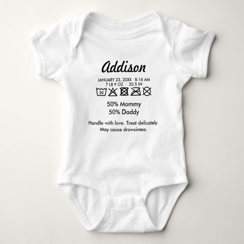 Cute Funny Care Label Humorous Baby Bodysuit - A very cute and funny baby bodysuit with laundry symbols. Suitable for girls and boys. You can personalize with baby's name and birth information. Fully customizable fonts and colors after clicking 'Customize' button.