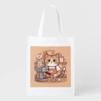 Cute Funny Cartoon Barista Cat Grocery Bag