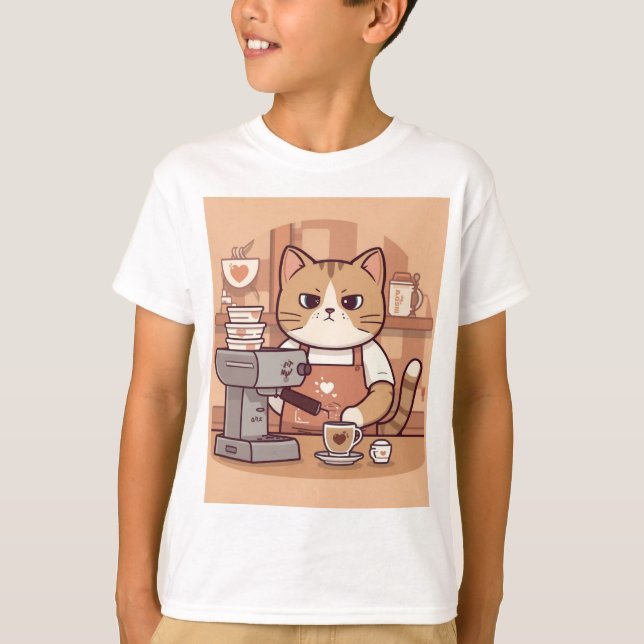 Cute Funny Cartoon Barista Cat Kid's T-shirt (Front)