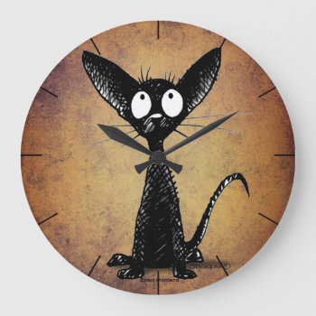 Cute Funny Cartoon Black Cat Large Clock by StrangeStore at Zazzle