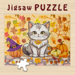 Cute funny Cartoon Cat Pumpkin Witch Hat - Jigsaw Puzzle