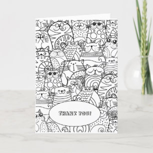 Cute Funny Cartoon Cats Coloring Color Yourself Thank You Card