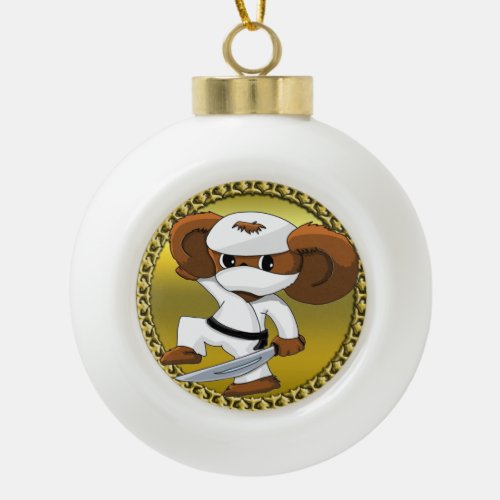 Cute funny cartoon Cheburashka bear with a sword Ceramic Ball Christmas Ornament