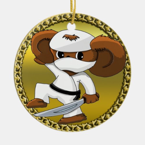 Cute funny cartoon Cheburashka bear with a sword Ceramic Ornament
