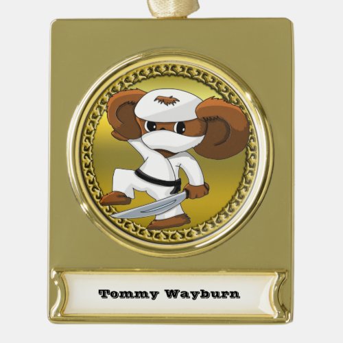 Cute funny cartoon Cheburashka bear with a sword Gold Plated Banner Ornament