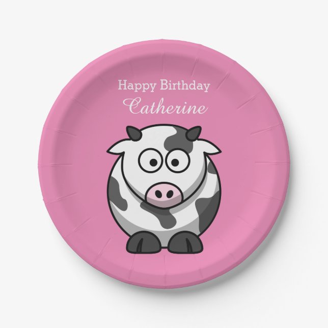 Cute Funny Cartoon Cow Pink Nose Custom Birthday Paper Plates (Front)