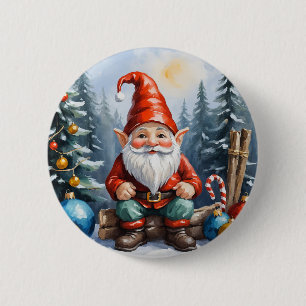 Cute Funny Cartoon Merry Christmas Gnome Button